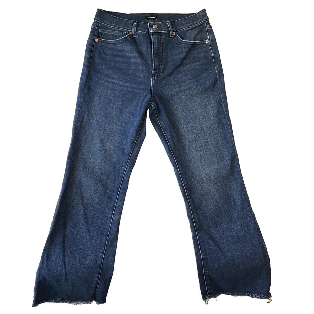 Express Women Jeans 10 Blue Denim Cropped Flare High Rise Raw Hem 26” Inseam